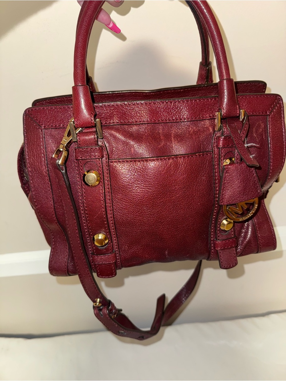 Michael Kors Burgundy Leather Shoulder Satchel with Gold Hardware